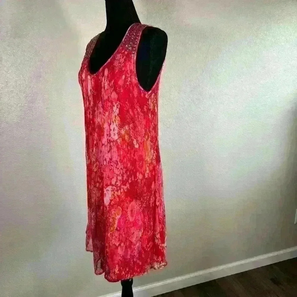 Alberto Makali Floral Gauzy Double Lined Silver Sequin Pink Sleeveless Dress XL - Picture 5 of 10